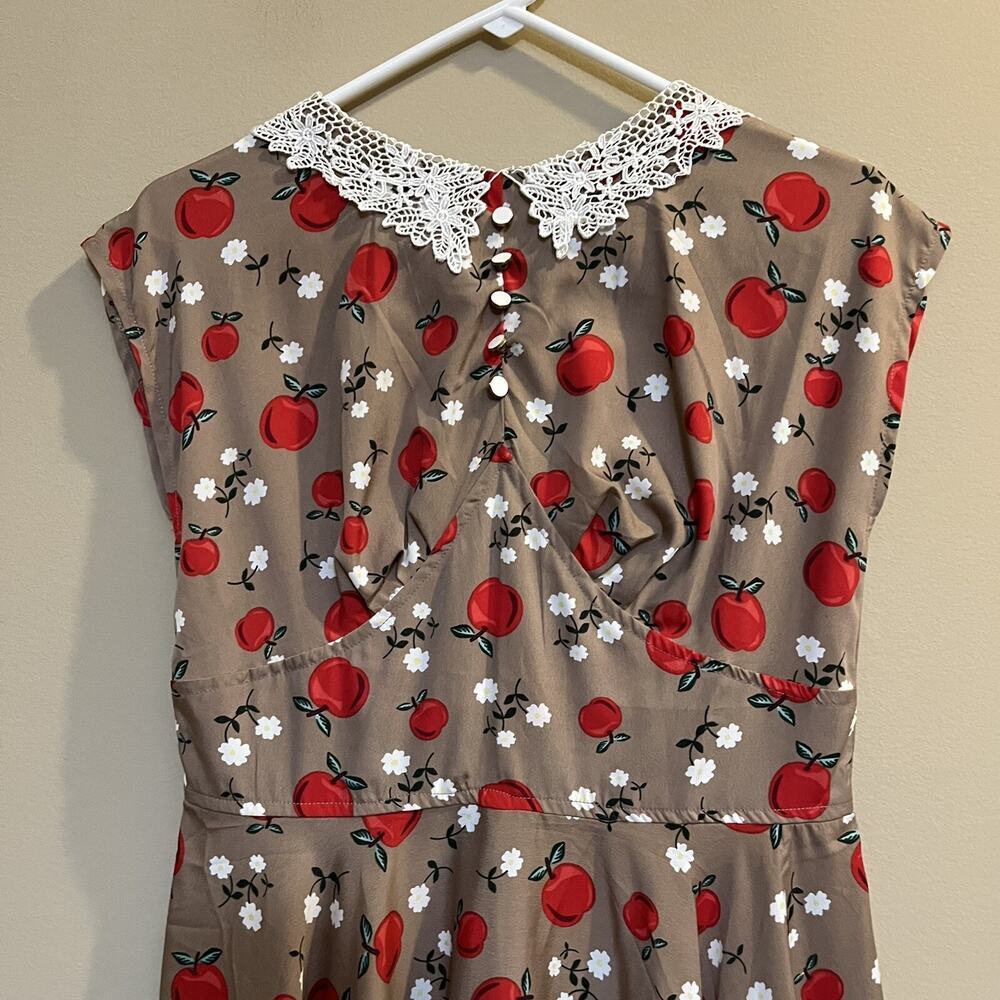 HELL BUNNY VIXEN Dress NWT Sz M Apple Print Pin Up Swing Dress Retro Twirl - Picture 2 of 11